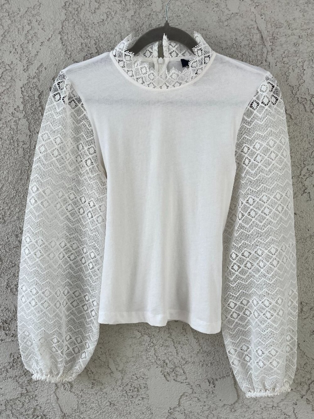 ME+EM White Lace Sleeve Top Blouse High Neck Cotton Crochet Balloon Sleeve US 6